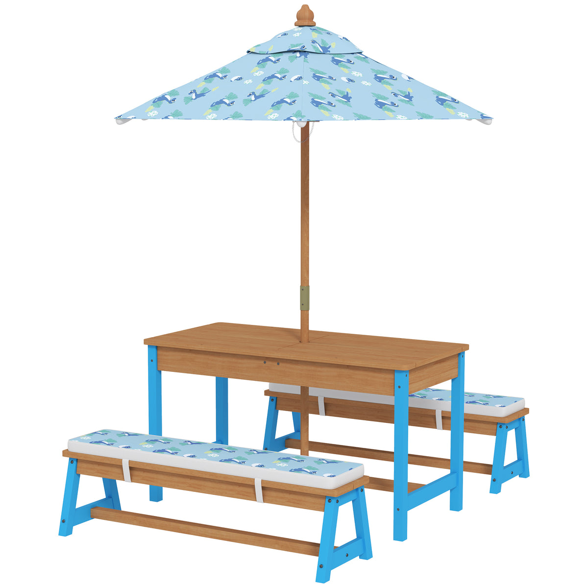 Aosom Kids Picnic Table and Bench Set with Umbrella - Dinosaur Blue-Toys & Games > Kids Outdoor Play > Kids Outdoor Furniture-DECOROLALA