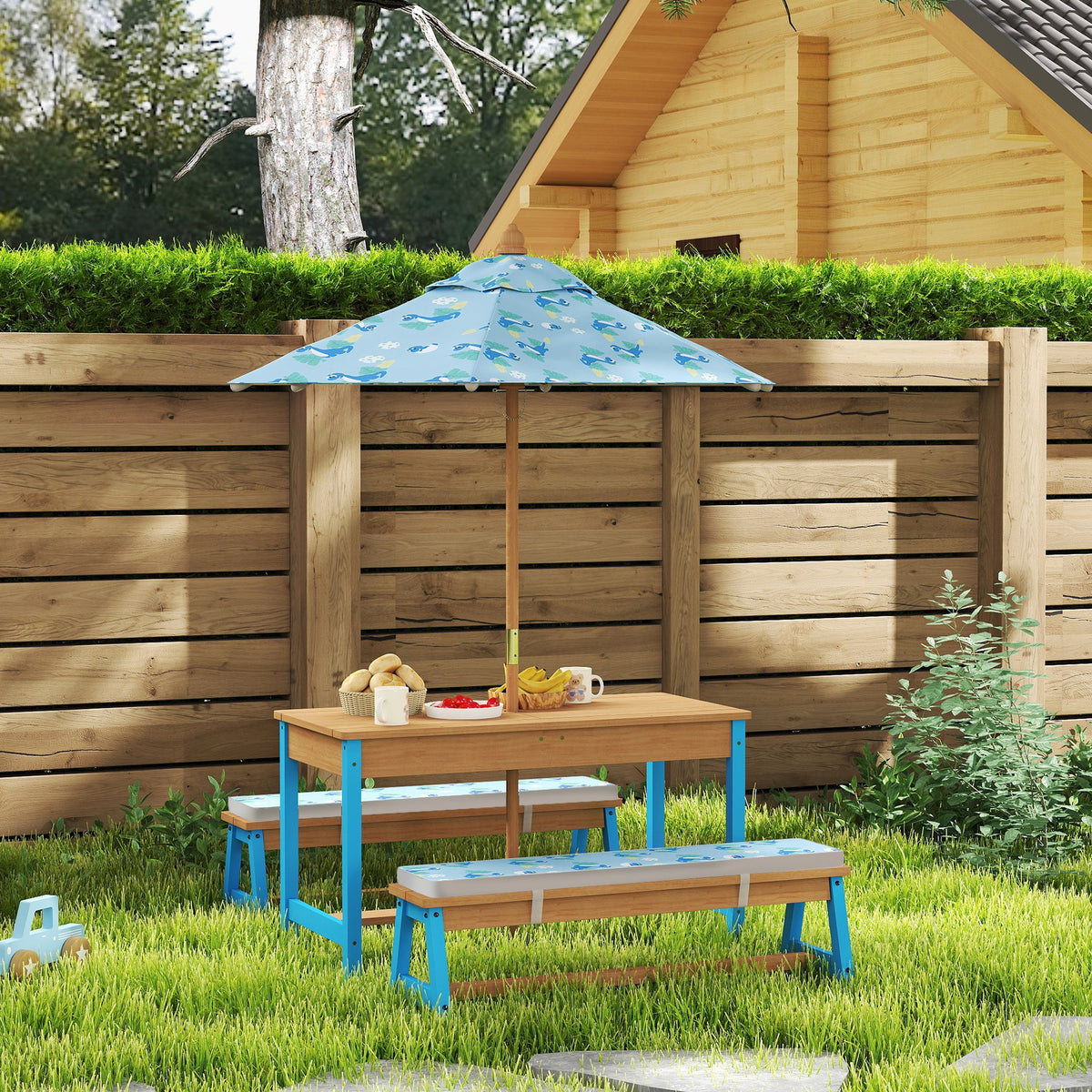 Aosom Kids Picnic Table and Bench Set with Umbrella - Dinosaur Blue-Toys & Games > Kids Outdoor Play > Kids Outdoor Furniture-DECOROLALA