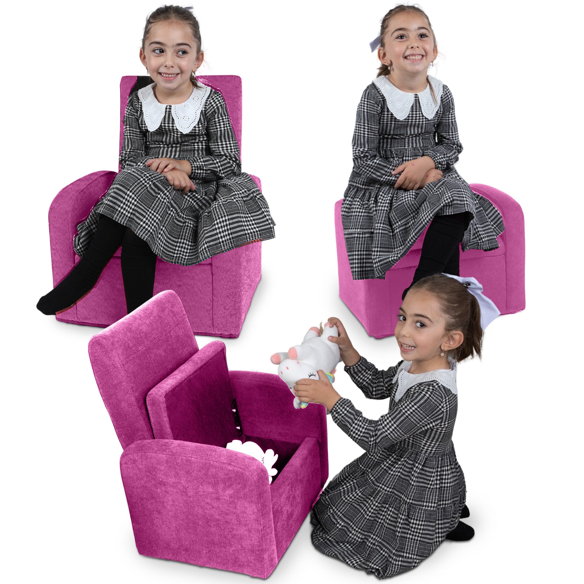 Kids Pink Comfy Upholstered Recliner Chair with Storage-Baby Furniture-DECOROLALA