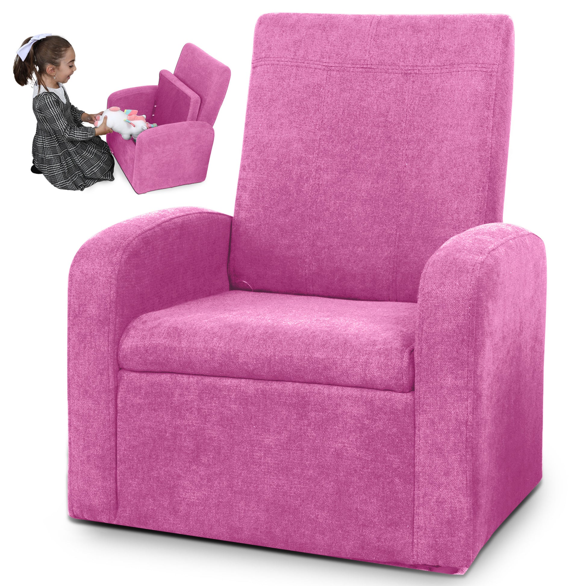 Kids Pink Comfy Upholstered Recliner Chair with Storage-Baby Furniture-DECOROLALA