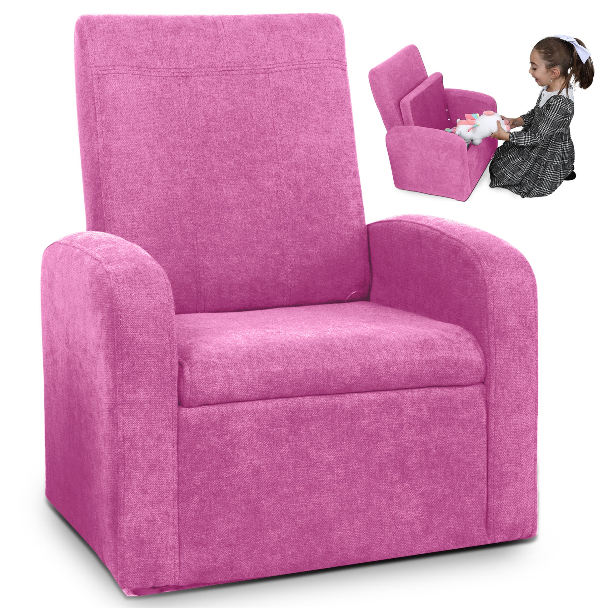 Kids Pink Comfy Upholstered Recliner Chair with Storage-Baby Furniture-DECOROLALA