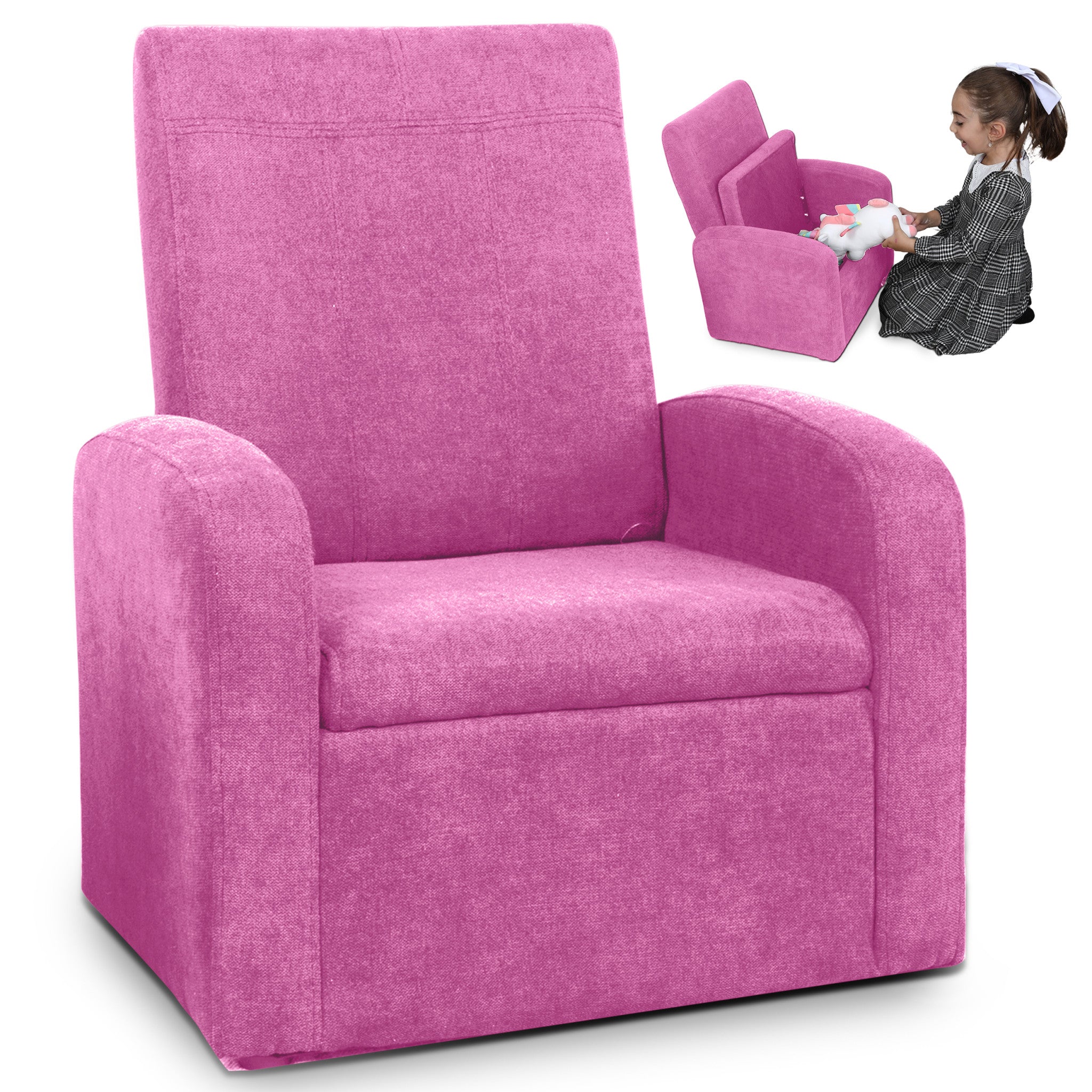 Kids Pink Comfy Upholstered Recliner Chair with Storage-Baby Furniture-DECOROLALA