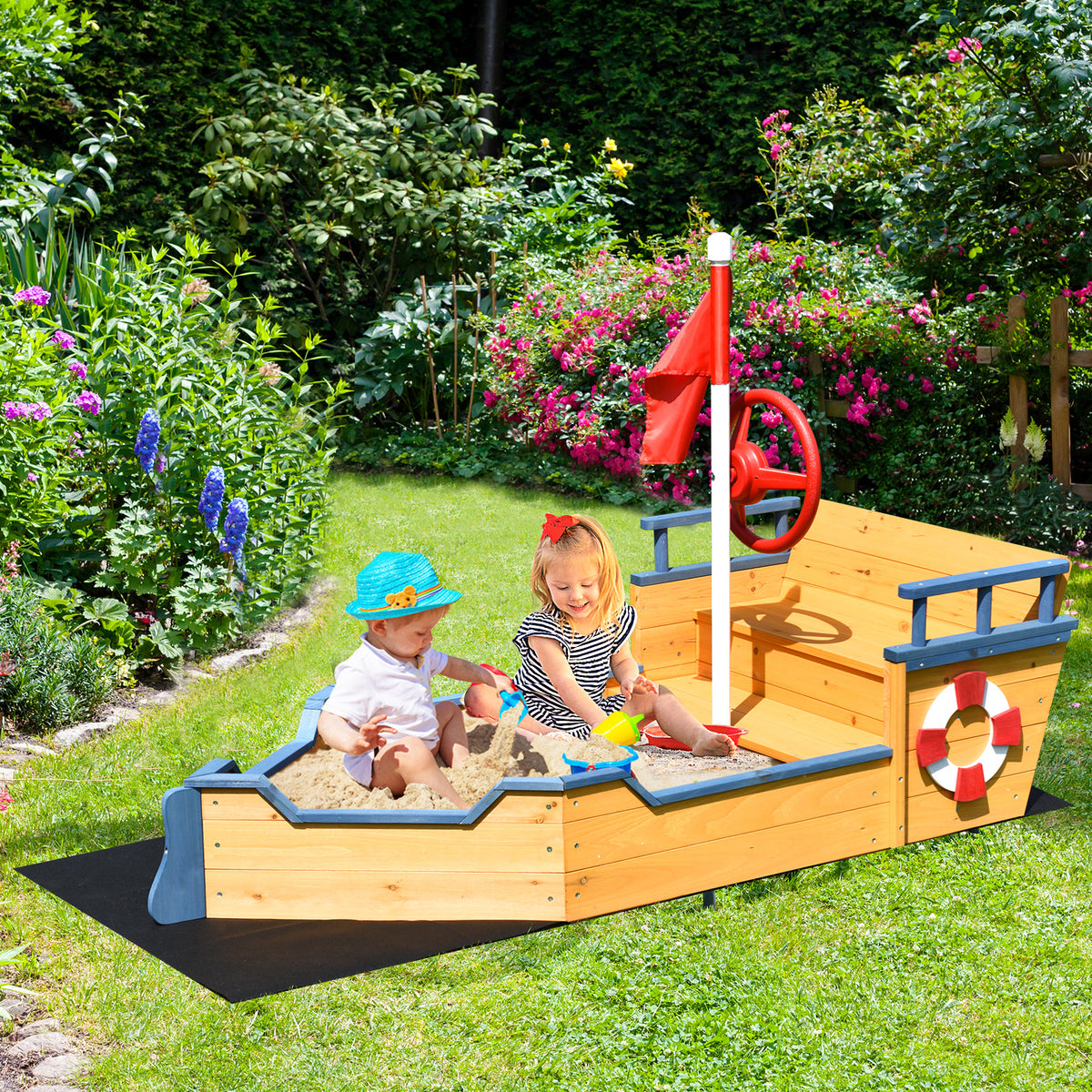 Bac à sable en bois en forme de bateau pirate pour enfants, aire de jeux extérieure
