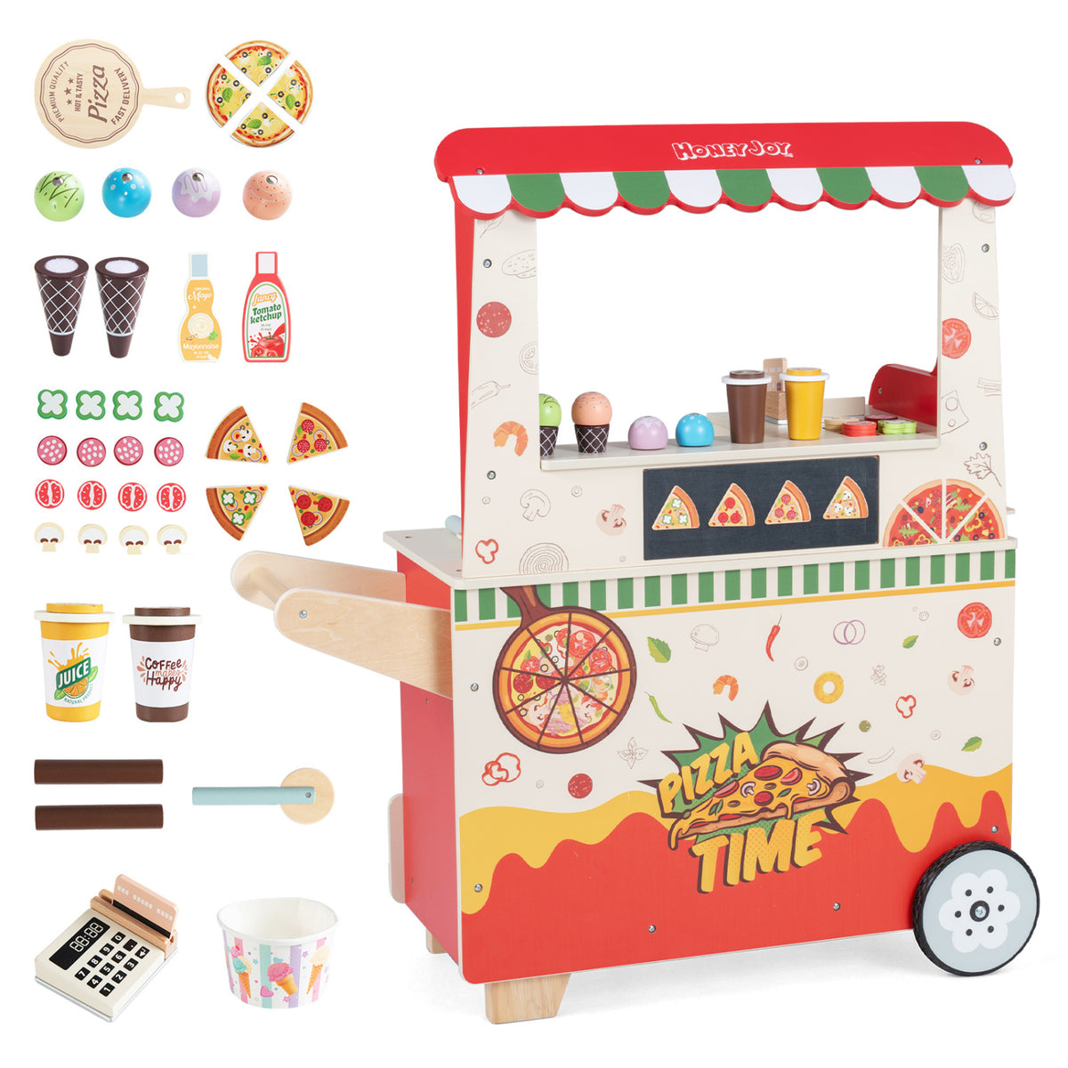 Kids Pizza Food Truck Wooden Pretend Play Snack Cart with Oven
