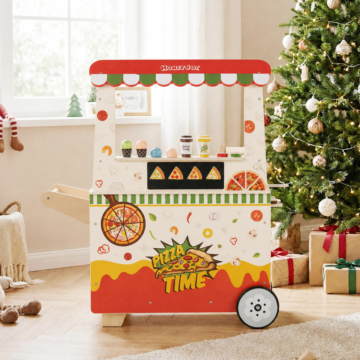 Kids Pizza Food Truck Wooden Pretend Play Snack Cart with Oven