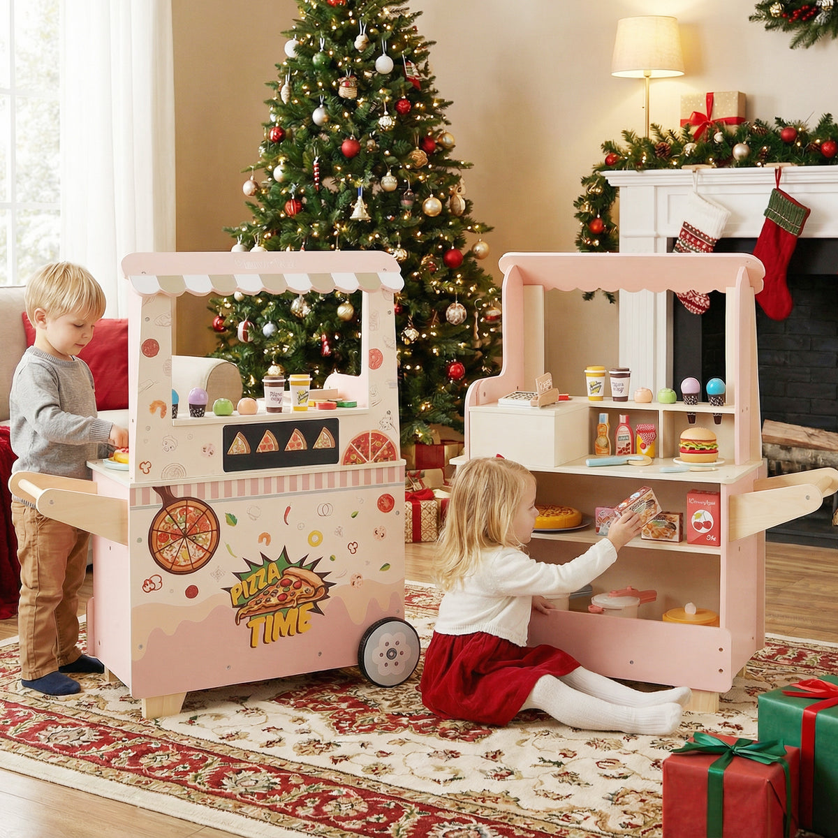 Kids Pizza Food Truck Wooden Pretend Play Snack Cart with Oven
