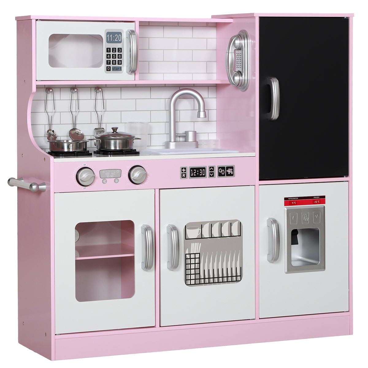 Play Kitchen for Kids, Kids Kitchen Playset w/ Chalkboard, Ice Maker, Play Phone, Sink, Microwave-Toys & Games > Baby & Toddler Toys > Toy Playsets > Play Kitchen-DECOROLALA
