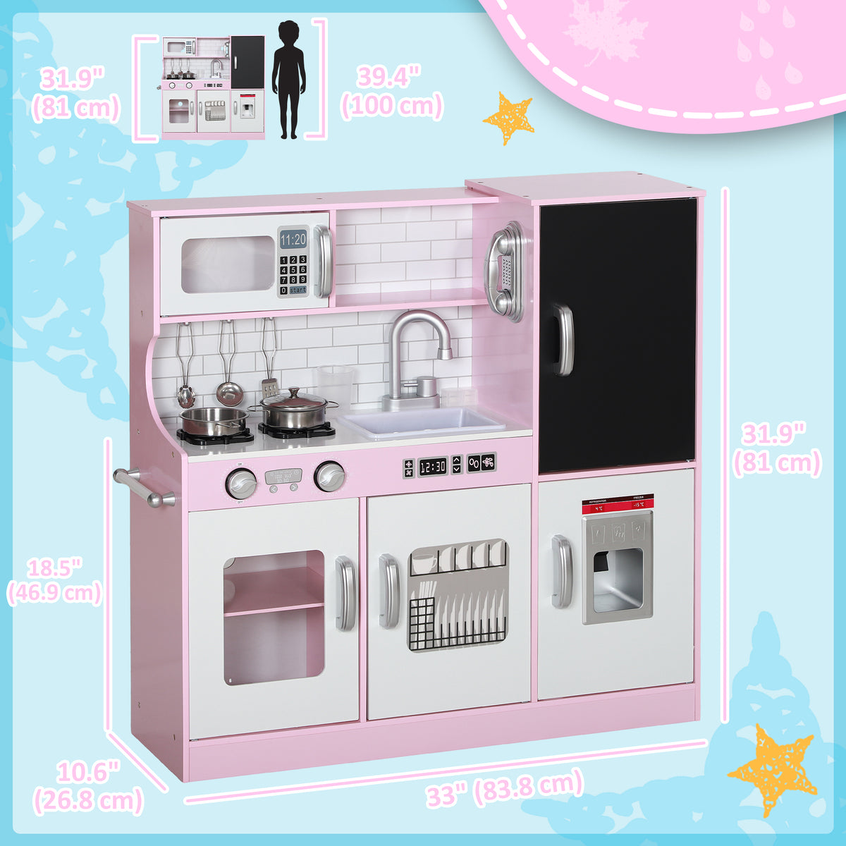 Play Kitchen for Kids, Kids Kitchen Playset w/ Chalkboard, Ice Maker, Play Phone, Sink, Microwave-Toys & Games > Baby & Toddler Toys > Toy Playsets > Play Kitchen-DECOROLALA