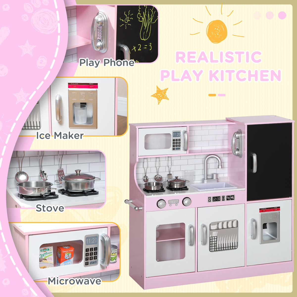 Play Kitchen for Kids, Kids Kitchen Playset w/ Chalkboard, Ice Maker, Play Phone, Sink, Microwave-Toys & Games > Baby & Toddler Toys > Toy Playsets > Play Kitchen-DECOROLALA