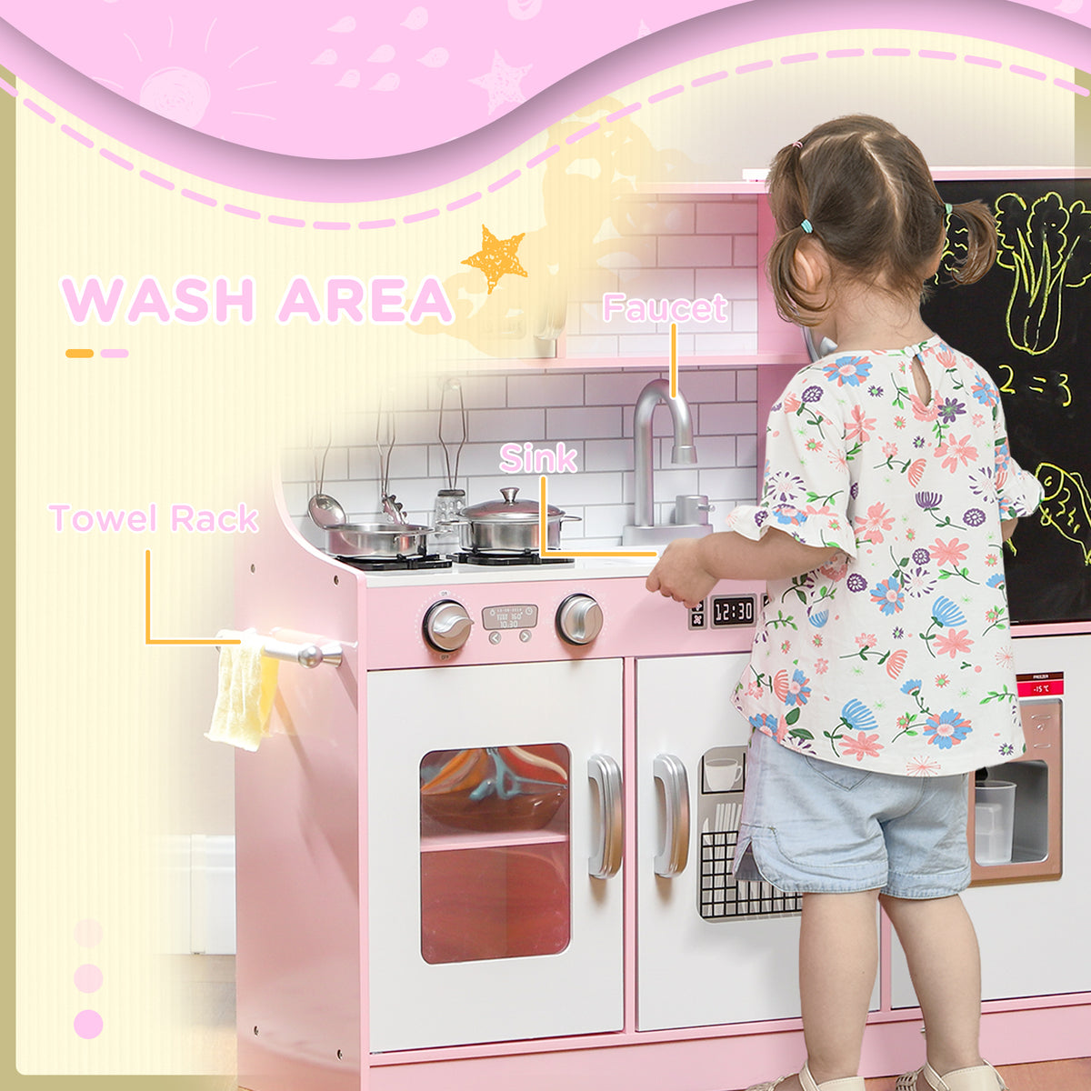 Play Kitchen for Kids, Kids Kitchen Playset w/ Chalkboard, Ice Maker, Play Phone, Sink, Microwave-Toys & Games > Baby & Toddler Toys > Toy Playsets > Play Kitchen-DECOROLALA