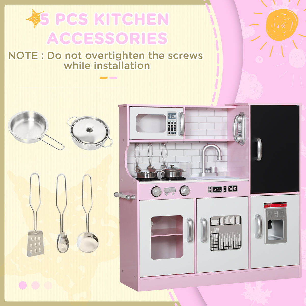 Play Kitchen for Kids, Kids Kitchen Playset w/ Chalkboard, Ice Maker, Play Phone, Sink, Microwave-Toys & Games > Baby & Toddler Toys > Toy Playsets > Play Kitchen-DECOROLALA