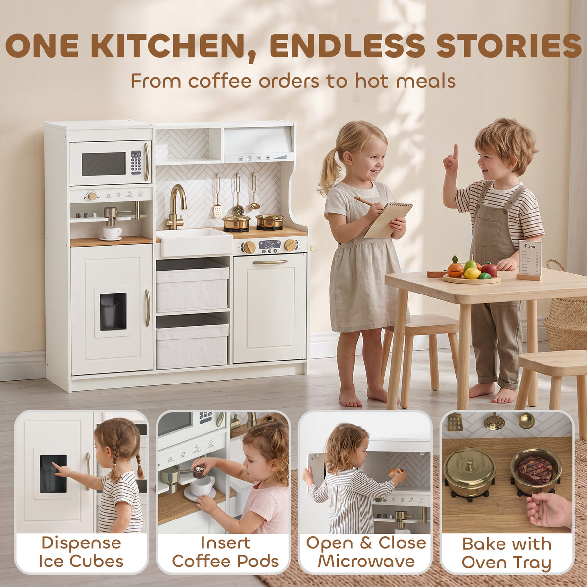 Play Kitchen, Kids Kitchen Playset with Coffee Machine, Ice Maker, Microwave, Oven, Storage, Gift for Toddlers 3+, White-Toys & Games > Baby & Toddler Toys > Toy Playsets > Play Kitchen-DECOROLALA