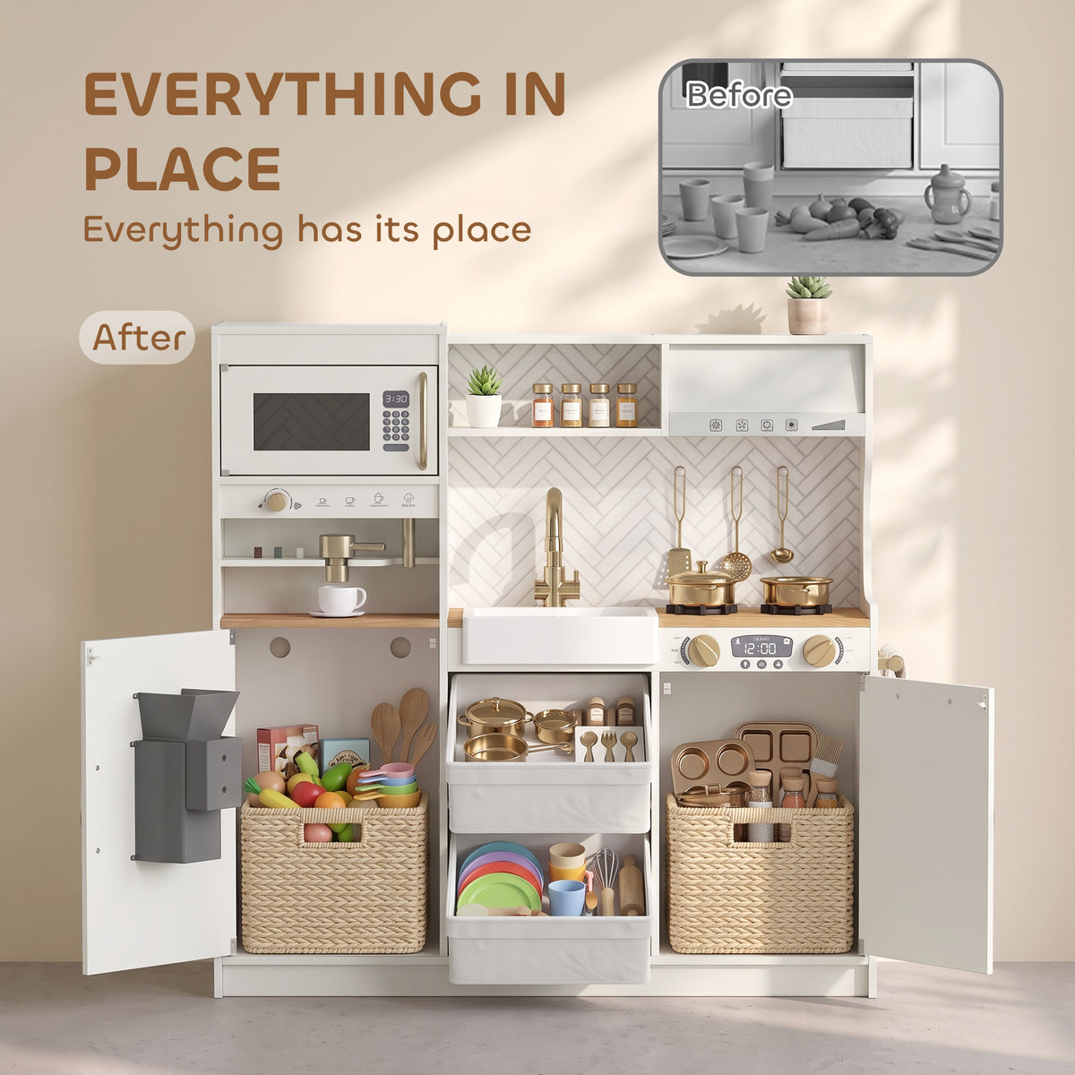 Play Kitchen, Kids Kitchen Playset with Coffee Machine, Ice Maker, Microwave, Oven, Storage, Gift for Toddlers 3+, White-Toys & Games > Baby & Toddler Toys > Toy Playsets > Play Kitchen-DECOROLALA