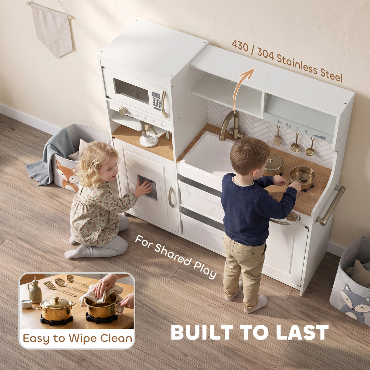 Play Kitchen, Kids Kitchen Playset with Coffee Machine, Ice Maker, Microwave, Oven, Storage, Gift for Toddlers 3+, White-Toys & Games > Baby & Toddler Toys > Toy Playsets > Play Kitchen-DECOROLALA