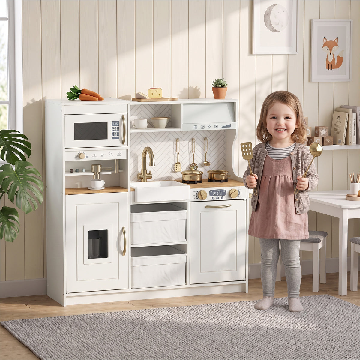 Play Kitchen, Kids Kitchen Playset with Coffee Machine, Ice Maker, Microwave, Oven, Storage, Gift for Toddlers 3+, White-Toys & Games > Baby & Toddler Toys > Toy Playsets > Play Kitchen-DECOROLALA