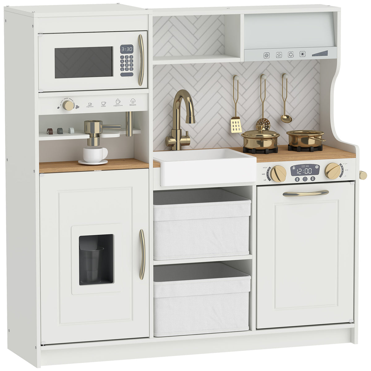 Play Kitchen, Kids Kitchen Playset with Coffee Machine, Ice Maker, Microwave, Oven, Storage, Gift for Toddlers 3+, White-Toys & Games > Baby & Toddler Toys > Toy Playsets > Play Kitchen-DECOROLALA