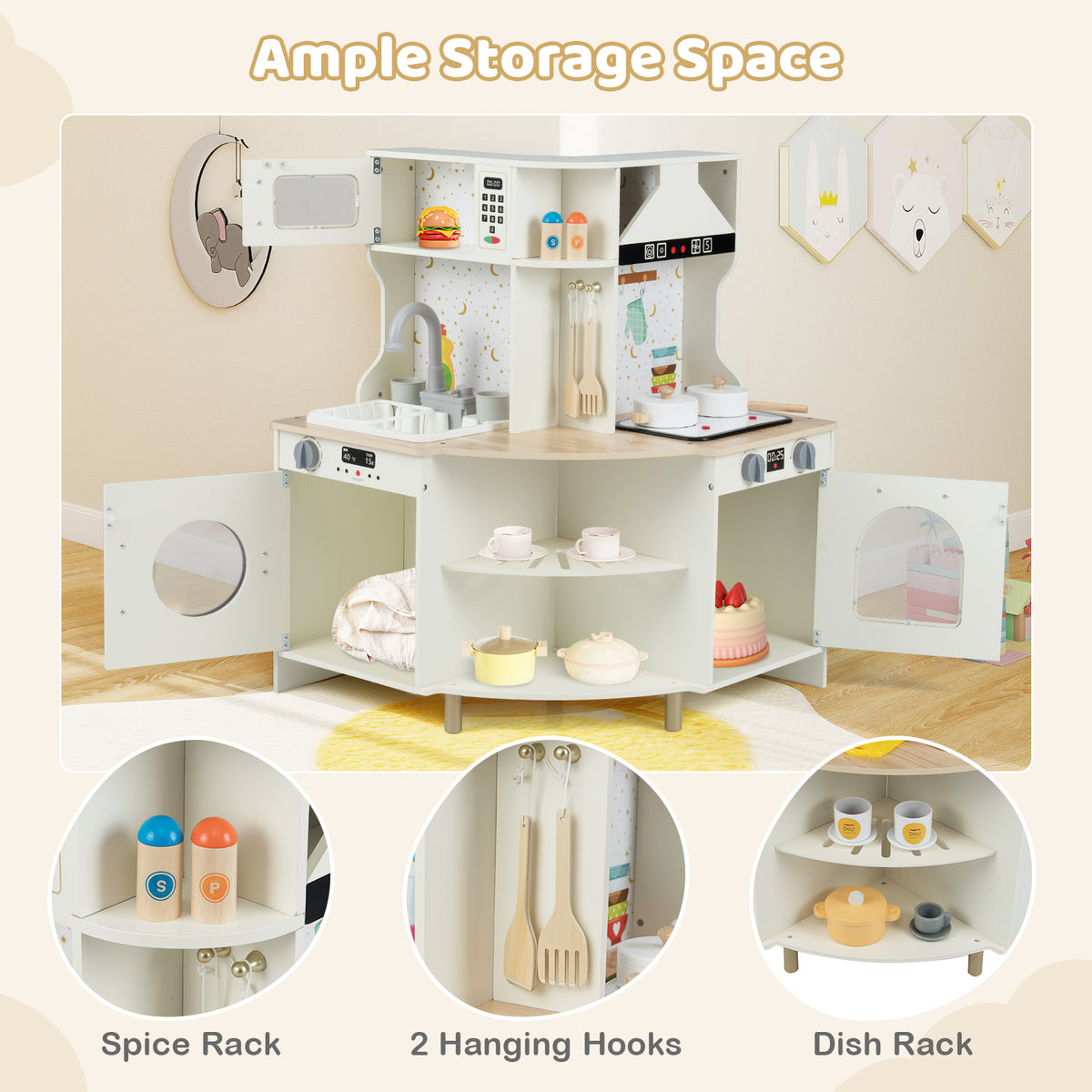 Kids Play Kitchen Wooden Corner Kitchen Playset with Working Faucet and Sink-Beige