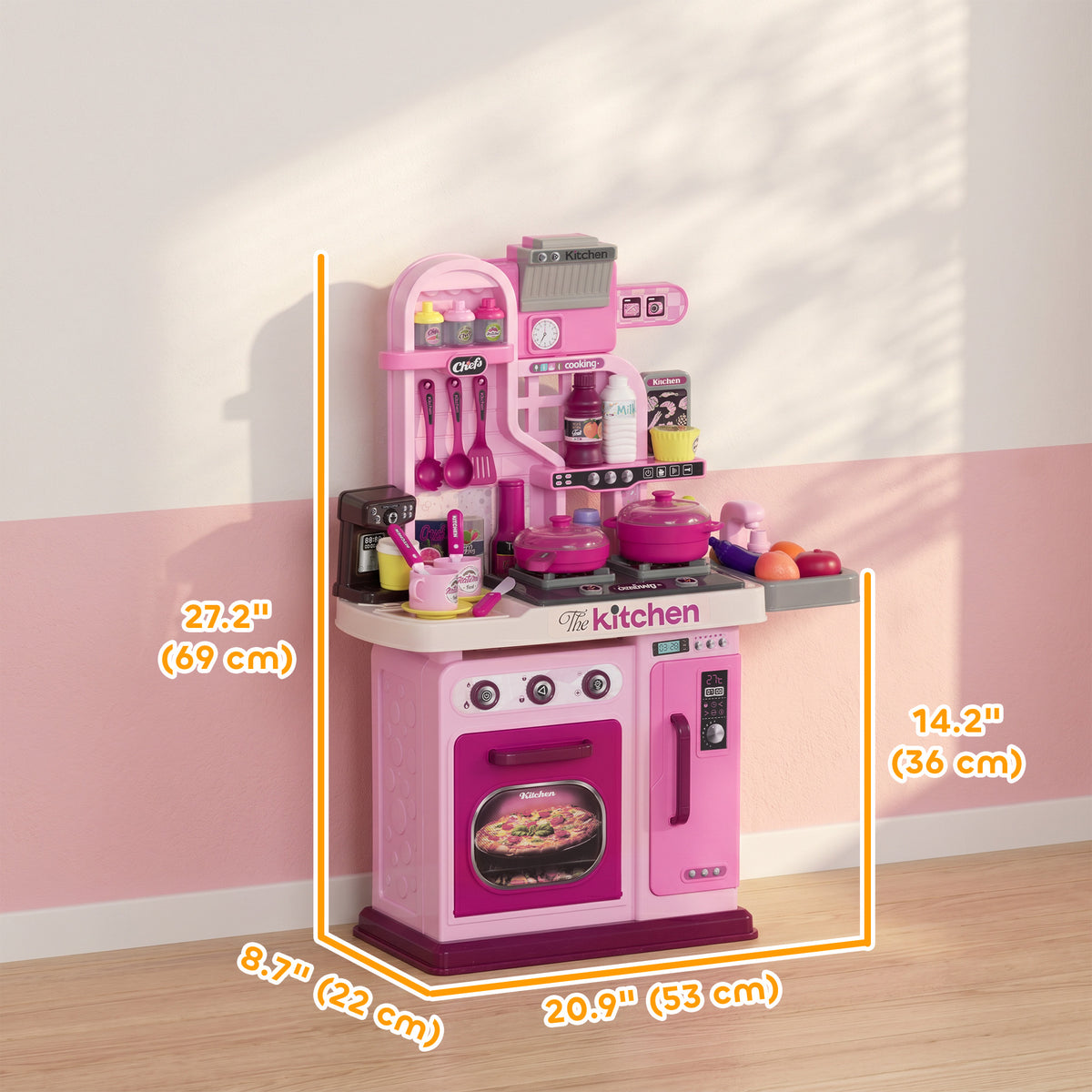 Kids Play Kitchen with Lights, Sounds, 33 Accessories & Storage for Toddler 3-6 Years-Toys & Games > Baby & Toddler Toys > Toy Playsets > Play Kitchen-DECOROLALA