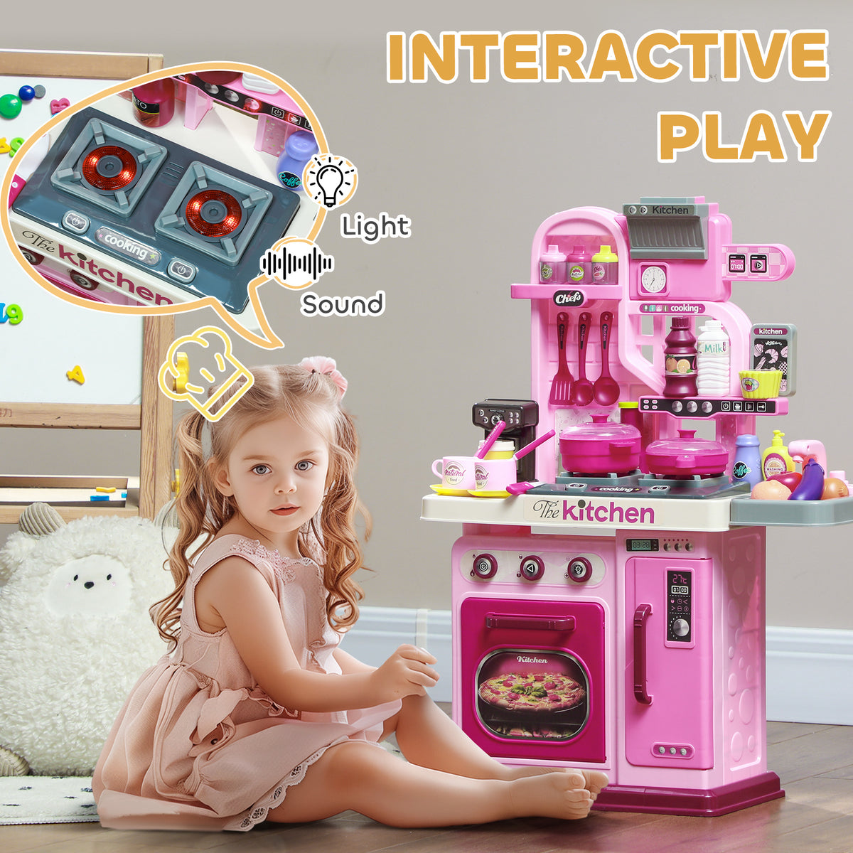 Kids Play Kitchen with Lights, Sounds, 33 Accessories & Storage for Toddler 3-6 Years-Toys & Games > Baby & Toddler Toys > Toy Playsets > Play Kitchen-DECOROLALA