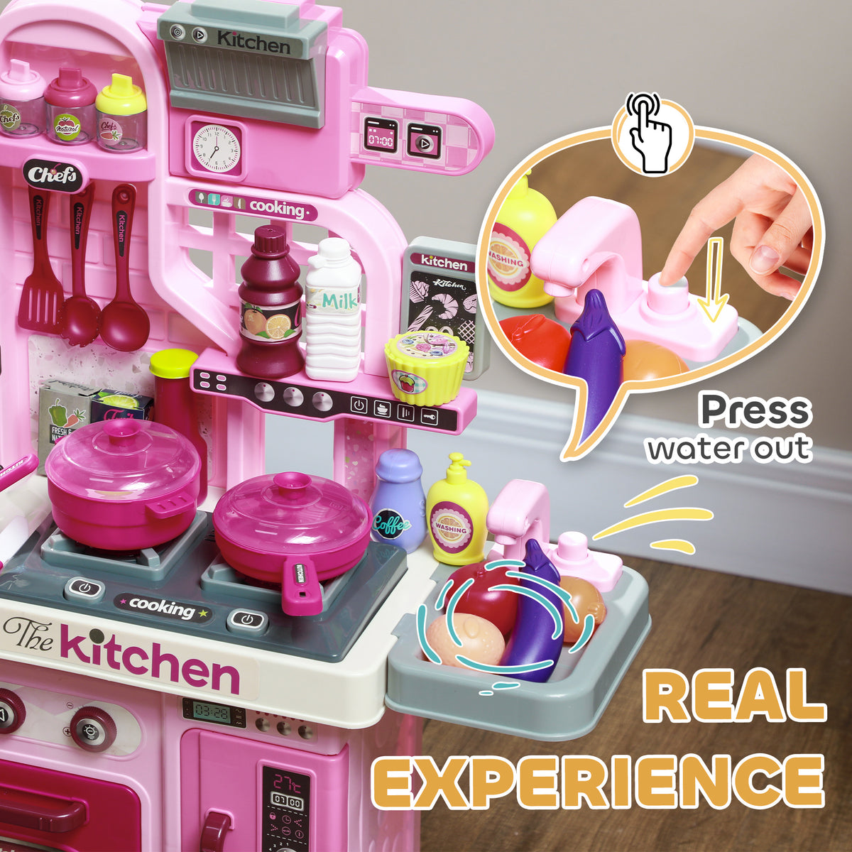 Kids Play Kitchen with Lights, Sounds, 33 Accessories & Storage for Toddler 3-6 Years-Toys & Games > Baby & Toddler Toys > Toy Playsets > Play Kitchen-DECOROLALA