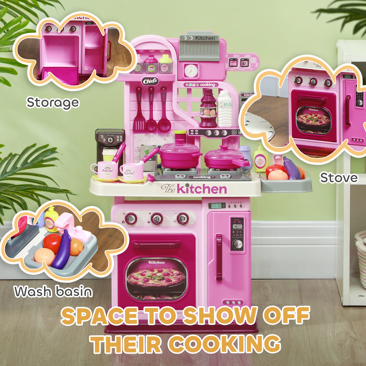 Kids Play Kitchen with Lights, Sounds, 33 Accessories & Storage for Toddler 3-6 Years-Toys & Games > Baby & Toddler Toys > Toy Playsets > Play Kitchen-DECOROLALA