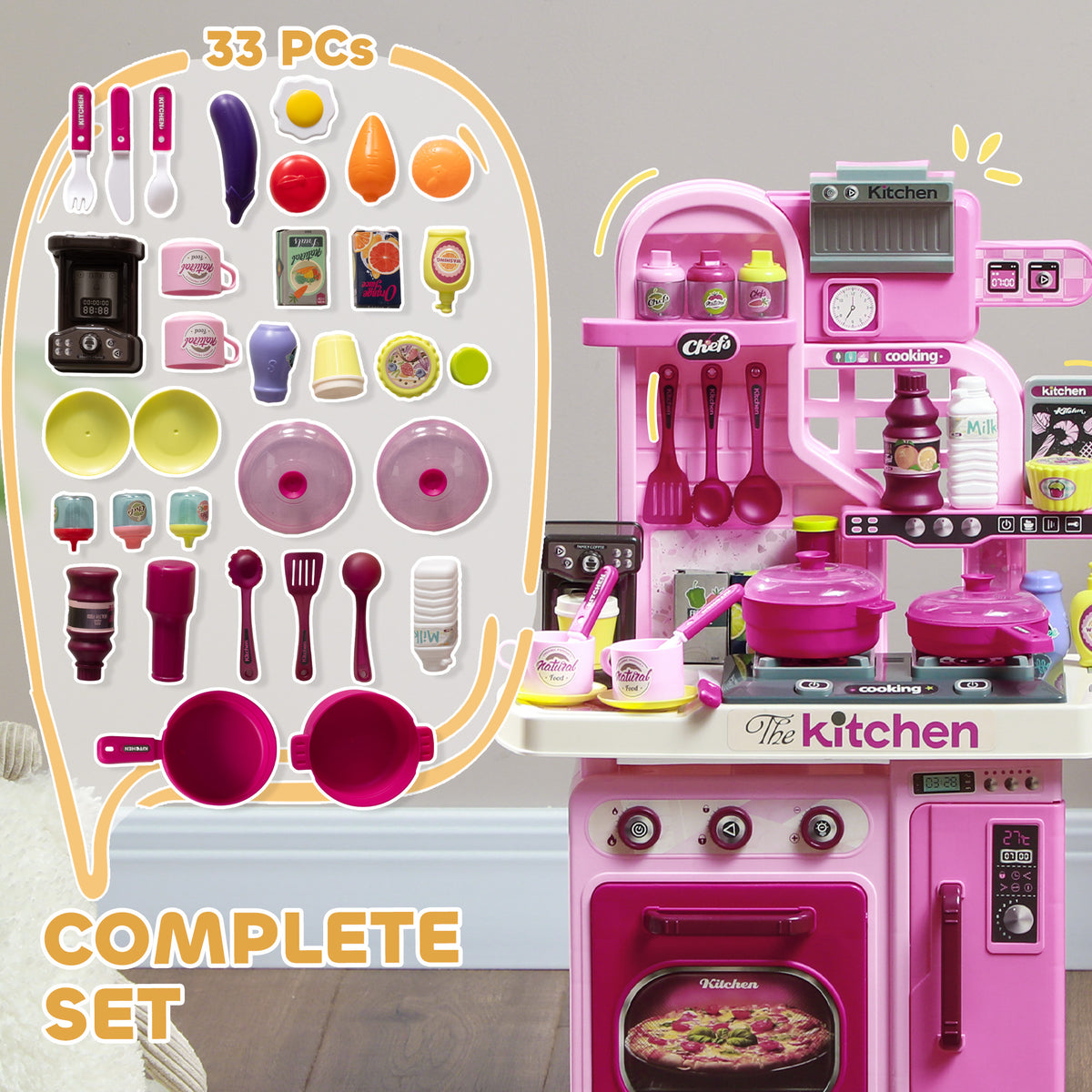 Kids Play Kitchen with Lights, Sounds, 33 Accessories & Storage for Toddler 3-6 Years-Toys & Games > Baby & Toddler Toys > Toy Playsets > Play Kitchen-DECOROLALA