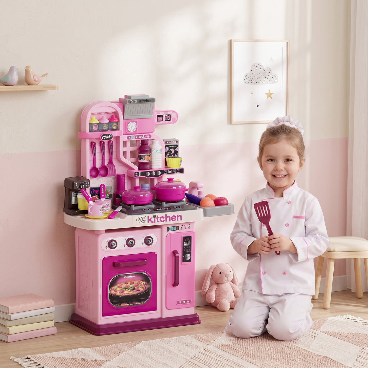 Kids Play Kitchen with Lights, Sounds, 33 Accessories & Storage for Toddler 3-6 Years-Toys & Games > Baby & Toddler Toys > Toy Playsets > Play Kitchen-DECOROLALA