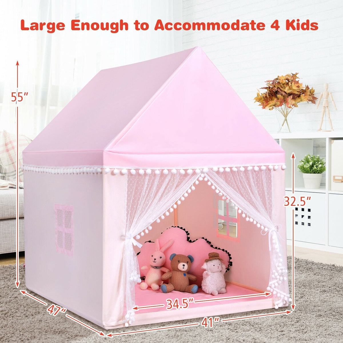 Kids Play Tent Playhouse with Wood Frame and Mat - 41" x 47" x 55"