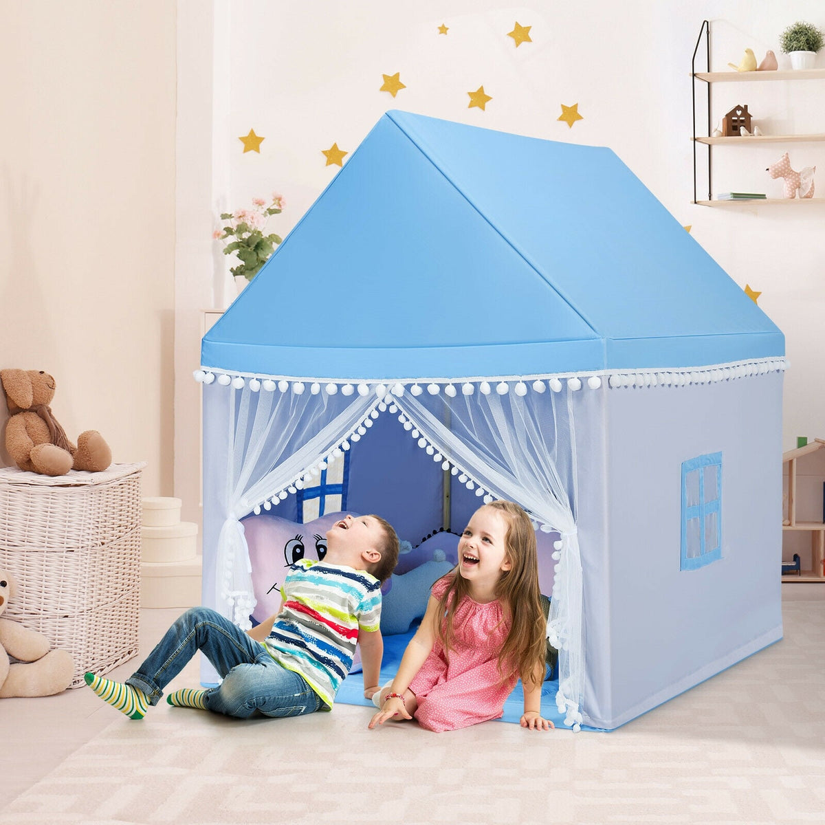 Kids Play Tent Playhouse with Wood Frame and Mat - 41" x 47" x 55"