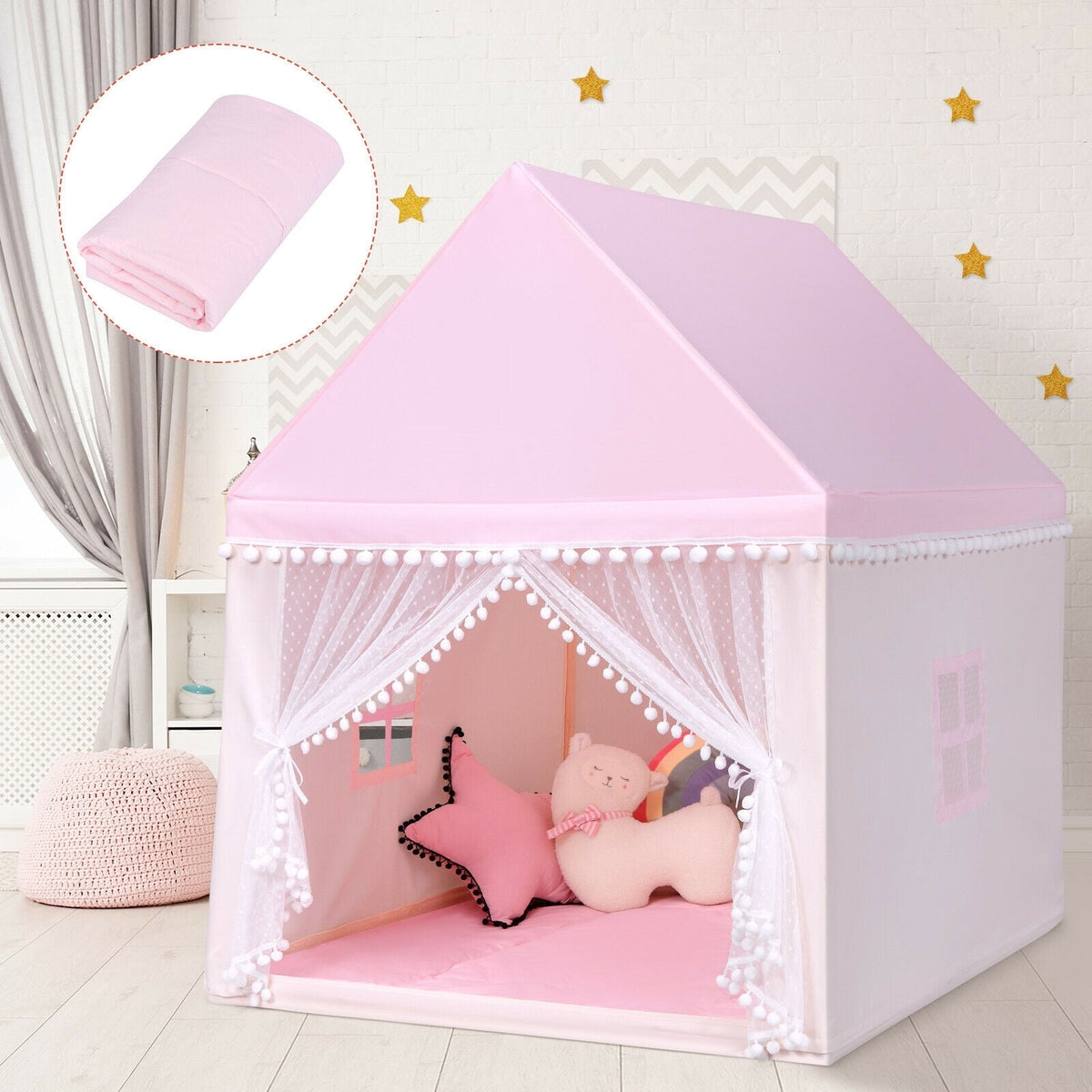 Kids Play Tent Playhouse with Wood Frame and Mat - 41" x 47" x 55"
