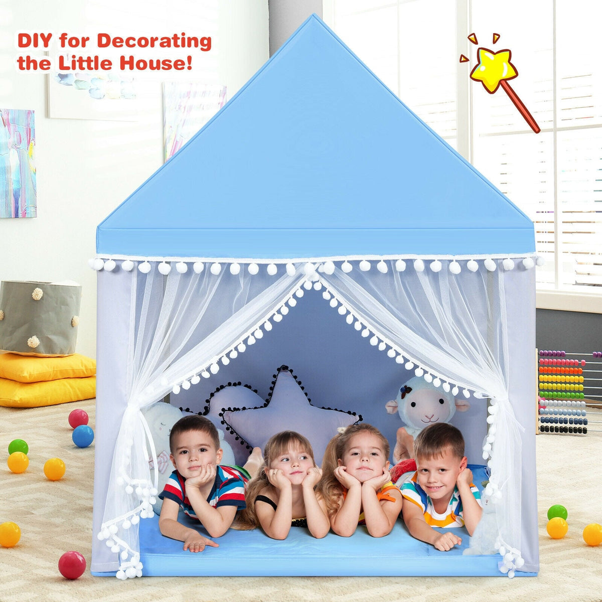Kids Play Tent Playhouse with Wood Frame and Mat - 41" x 47" x 55"