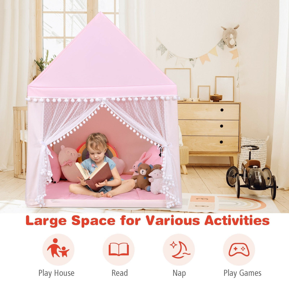 Kids Play Tent Playhouse with Wood Frame and Mat - 41" x 47" x 55"