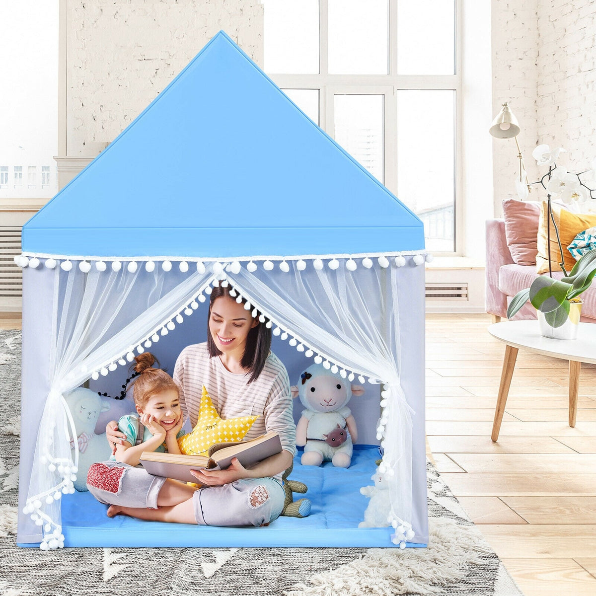 Kids Play Tent Playhouse with Wood Frame and Mat - 41" x 47" x 55"