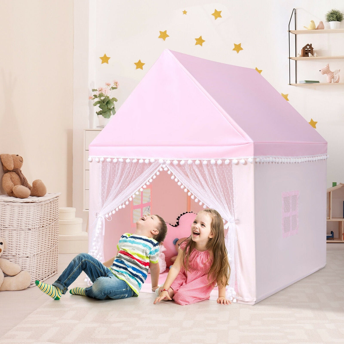 Kids Play Tent Playhouse with Wood Frame and Mat - 41" x 47" x 55"