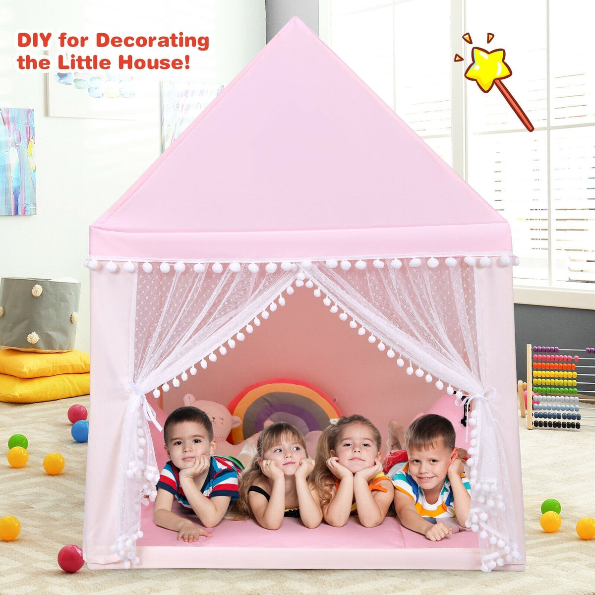 Kids Play Tent Playhouse with Wood Frame and Mat - 41" x 47" x 55"