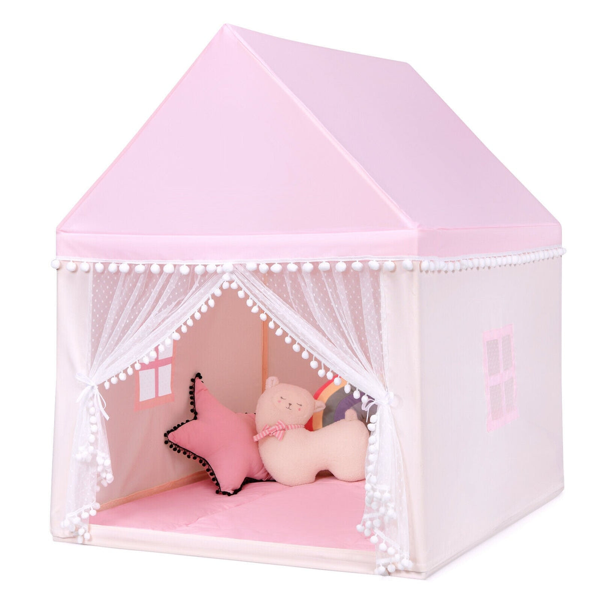 Kids Play Tent Playhouse with Wood Frame and Mat - 41" x 47" x 55"