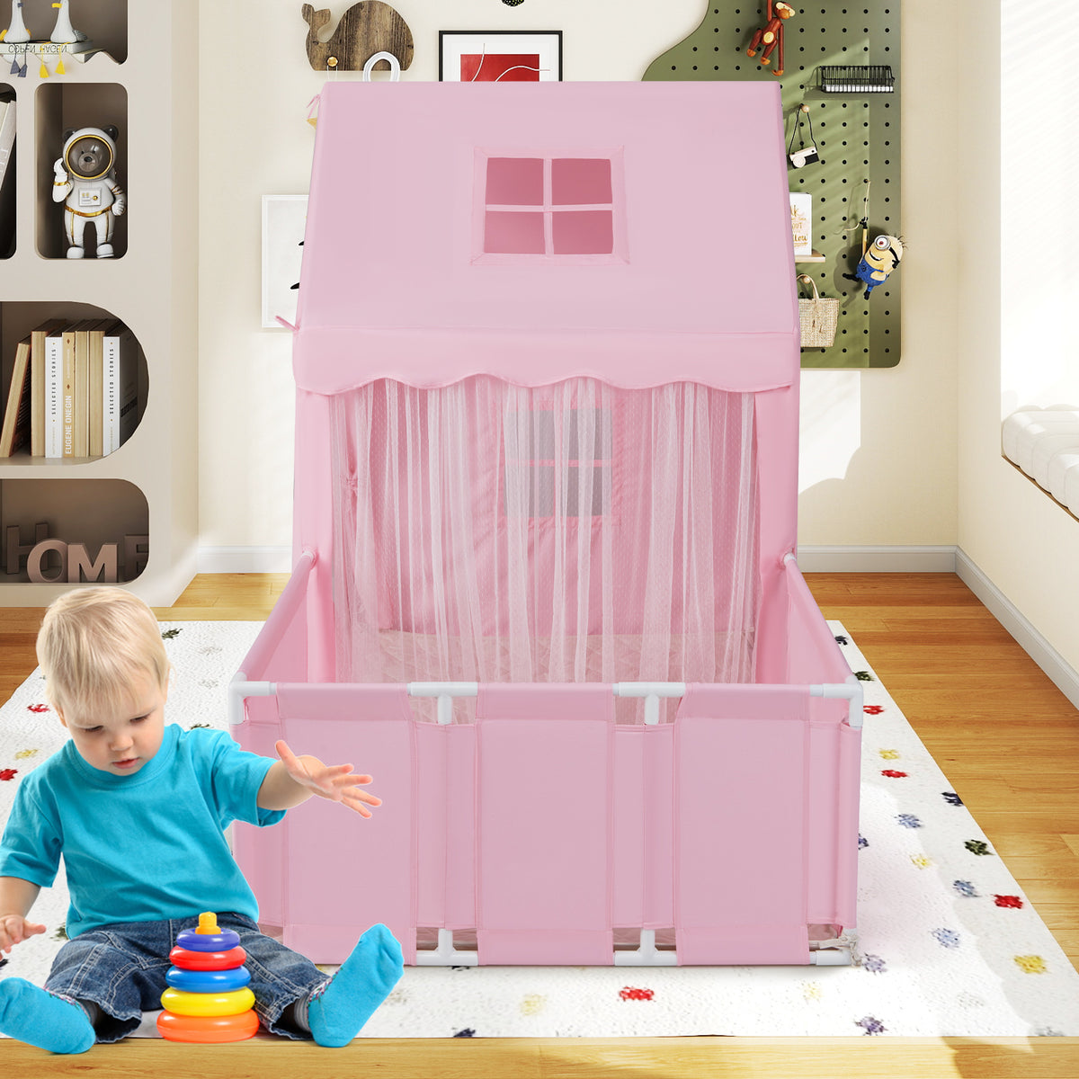 Kids 2-in-1 Play Tent and Playpen with Star Lights and Mat