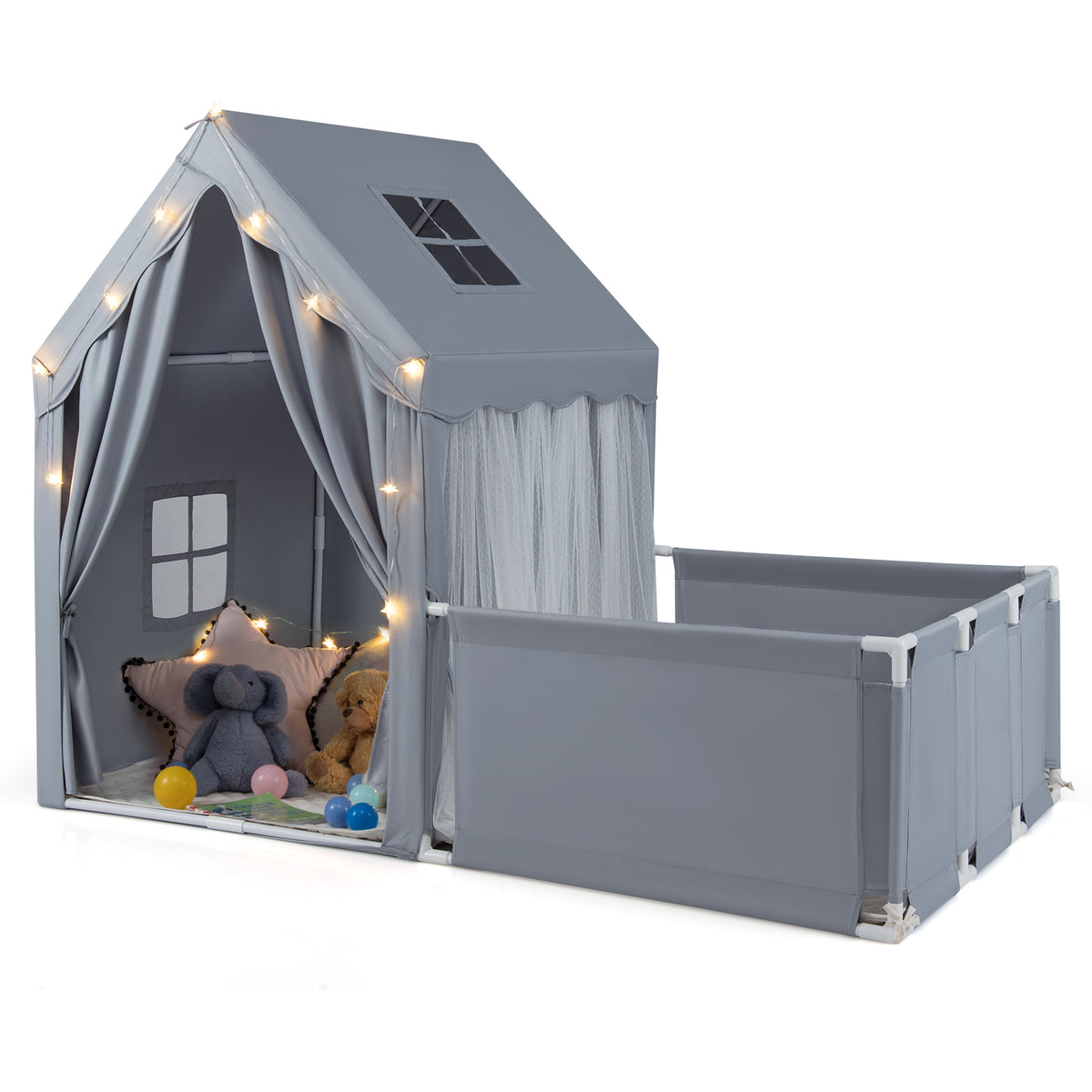 Kids 2-in-1 Play Tent and Playpen with Star Lights and Mat