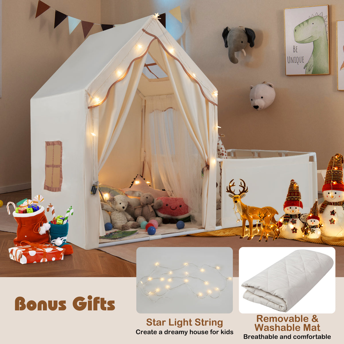 Kids 2-in-1 Play Tent and Playpen with Star Lights and Mat