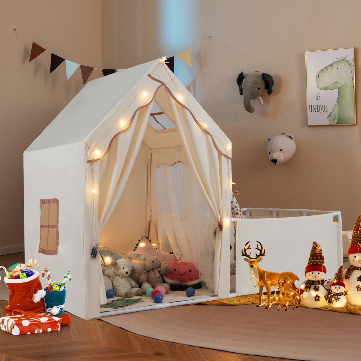 Kids 2-in-1 Play Tent and Playpen with Star Lights and Mat