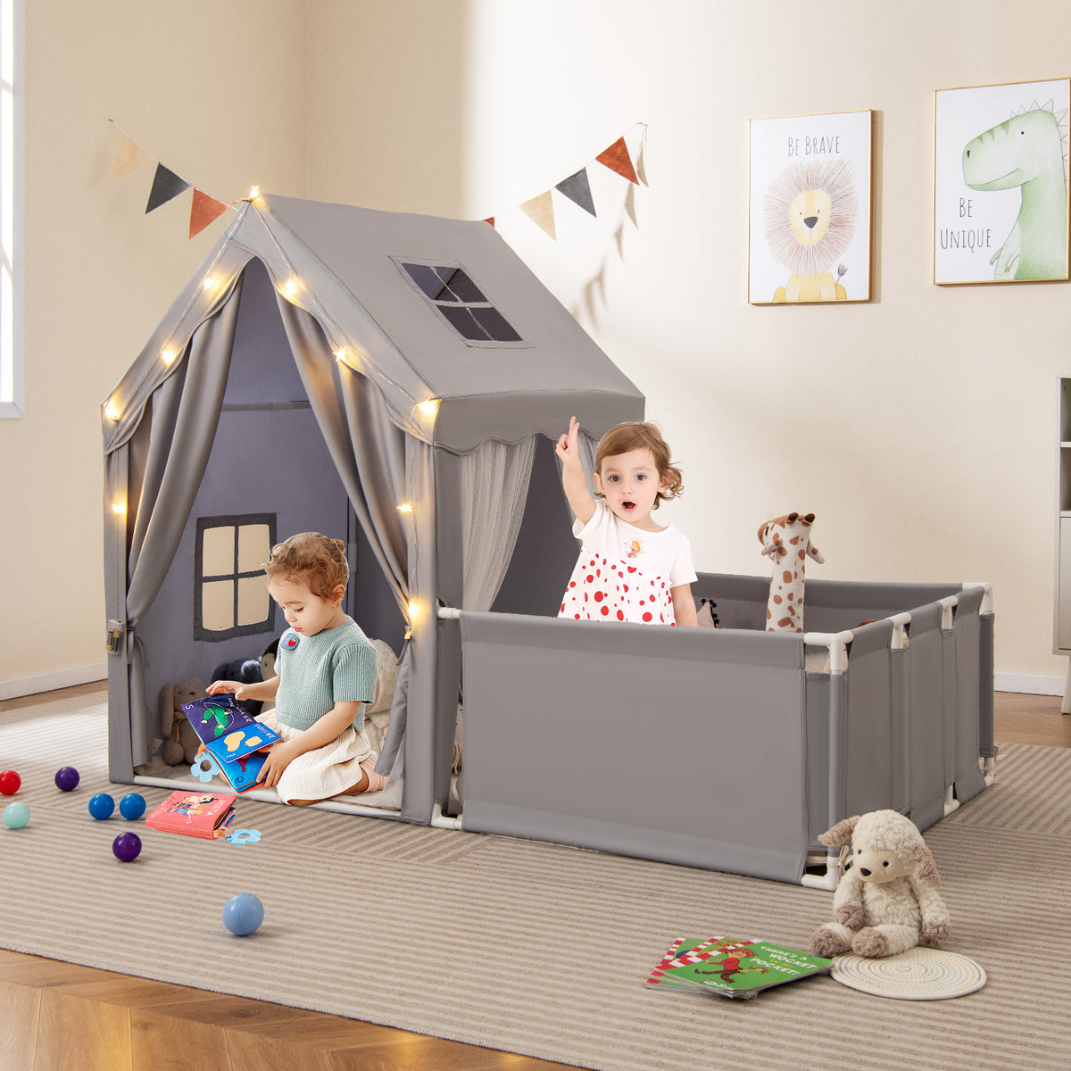 Kids 2-in-1 Play Tent and Playpen with Star Lights and Mat