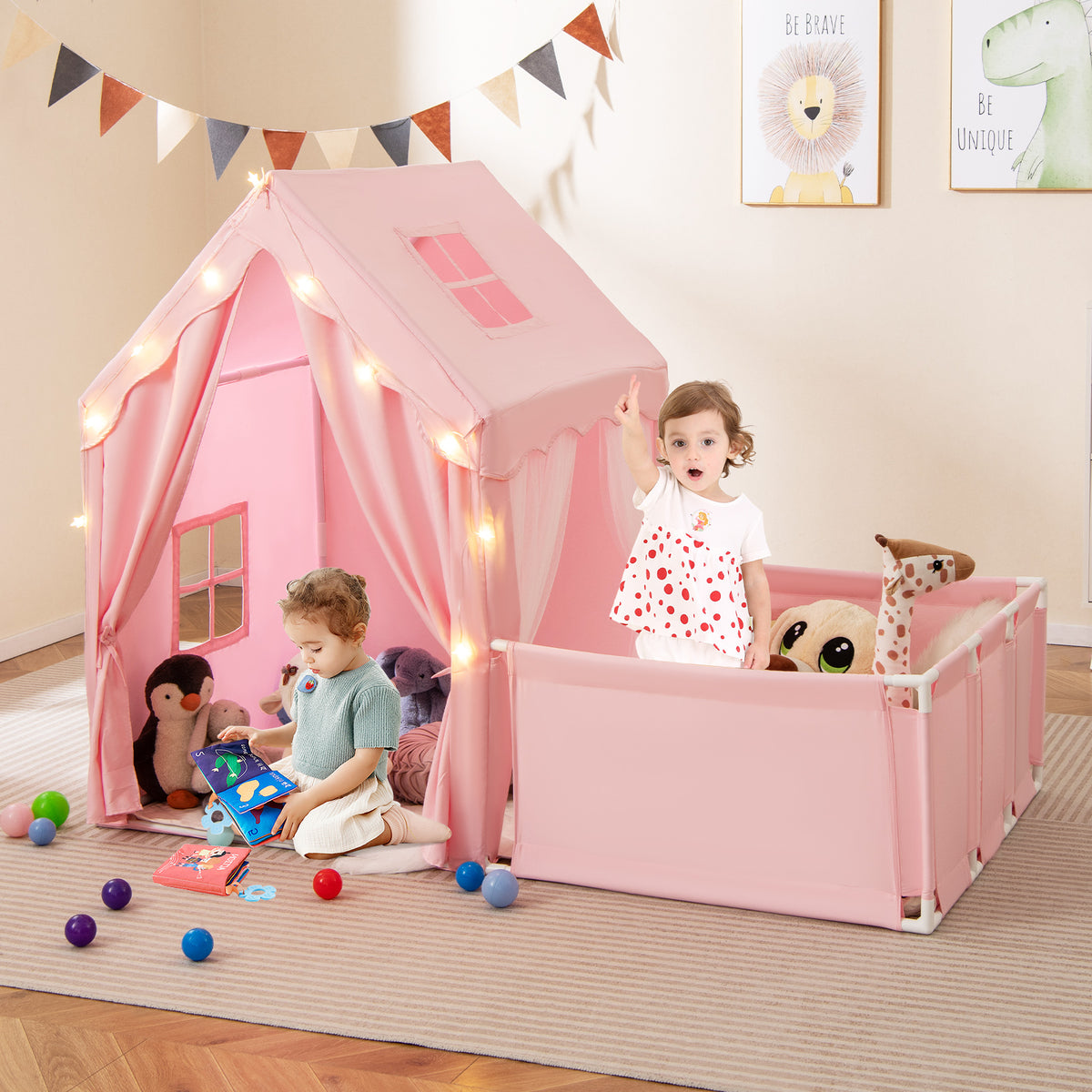 Kids 2-in-1 Play Tent and Playpen with Star Lights and Mat