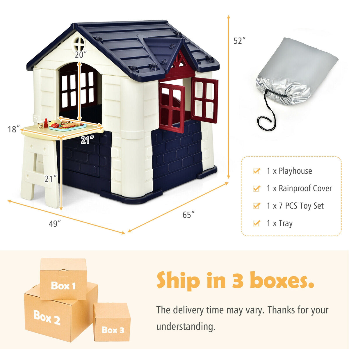 Kids' Playhouse and Slide Set with Picnic Table - HDPE 65"x49"x52"
