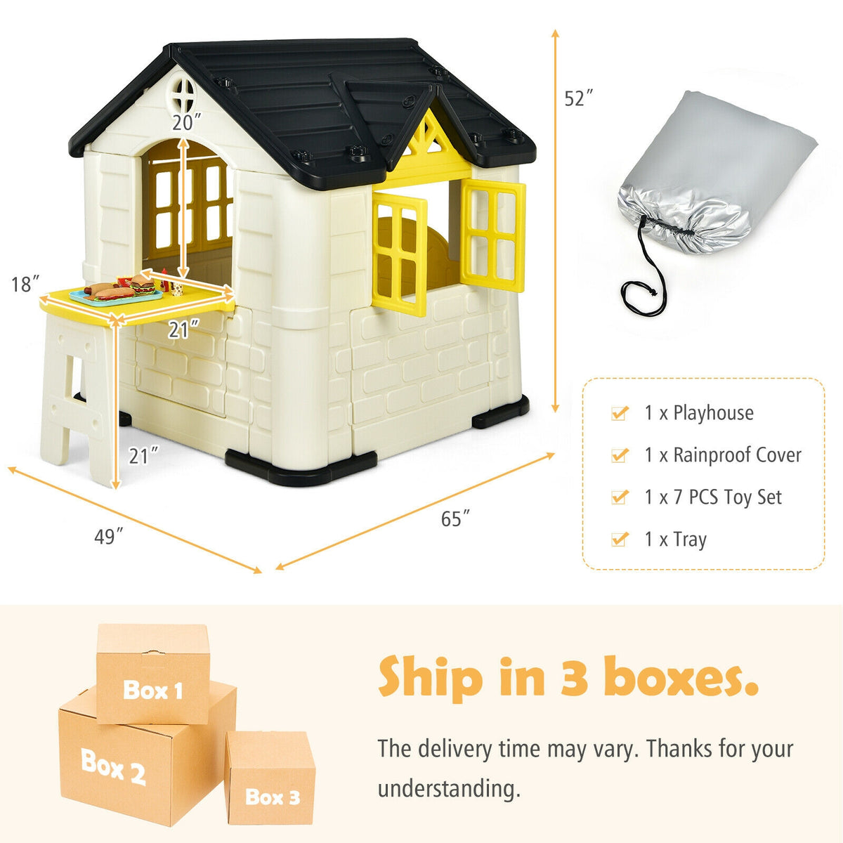 Kids' Playhouse and Slide Set with Picnic Table - HDPE 65"x49"x52"