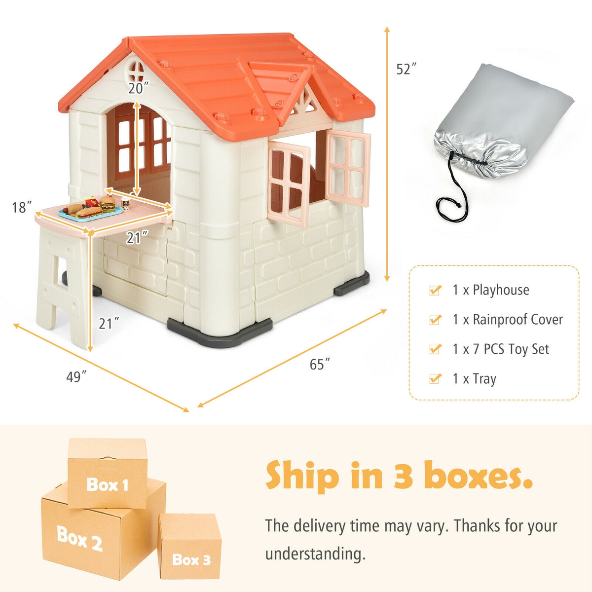 Kids' Playhouse and Slide Set with Picnic Table - HDPE 65"x49"x52"