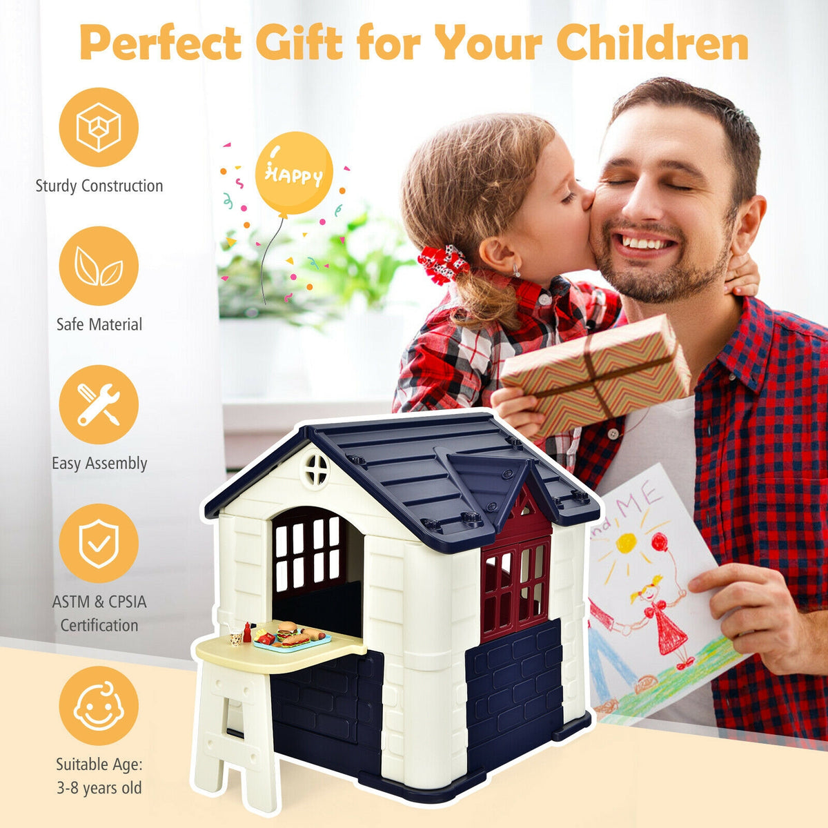 Kids' Playhouse and Slide Set with Picnic Table - HDPE 65"x49"x52"