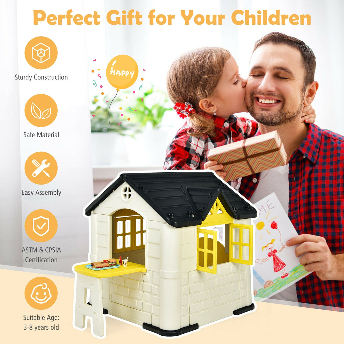 Kids' Playhouse and Slide Set with Picnic Table - HDPE 65"x49"x52"
