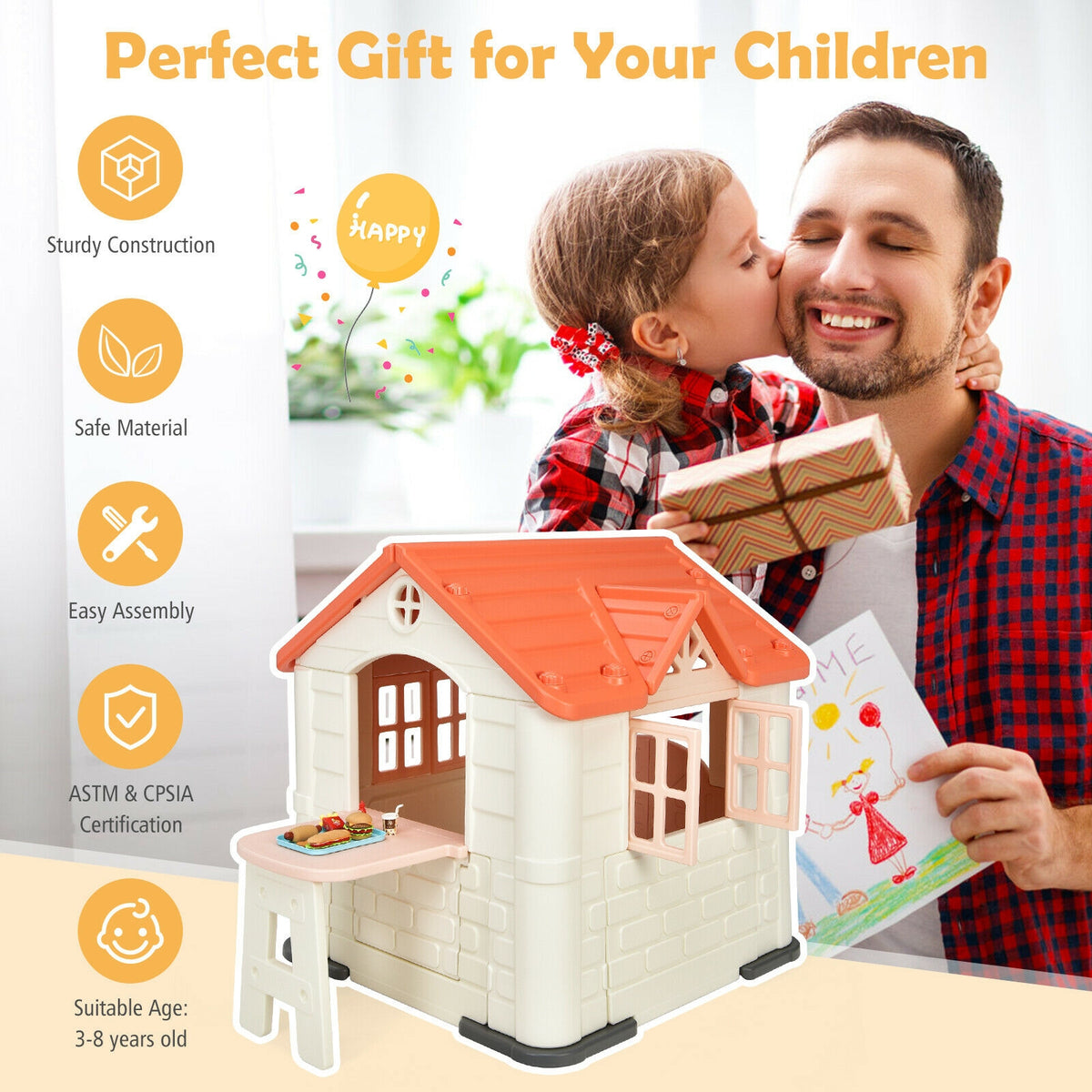Kids' Playhouse and Slide Set with Picnic Table - HDPE 65"x49"x52"