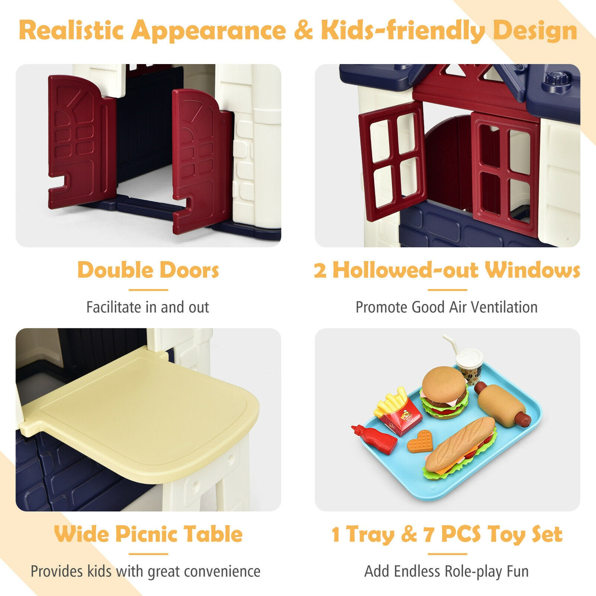 Kids' Playhouse and Slide Set with Picnic Table - HDPE 65"x49"x52"