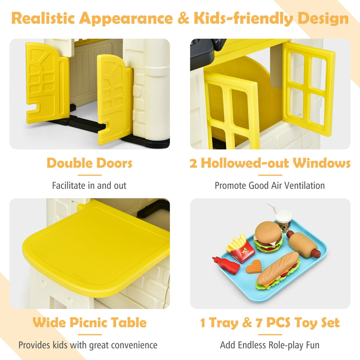Kids' Playhouse and Slide Set with Picnic Table - HDPE 65"x49"x52"